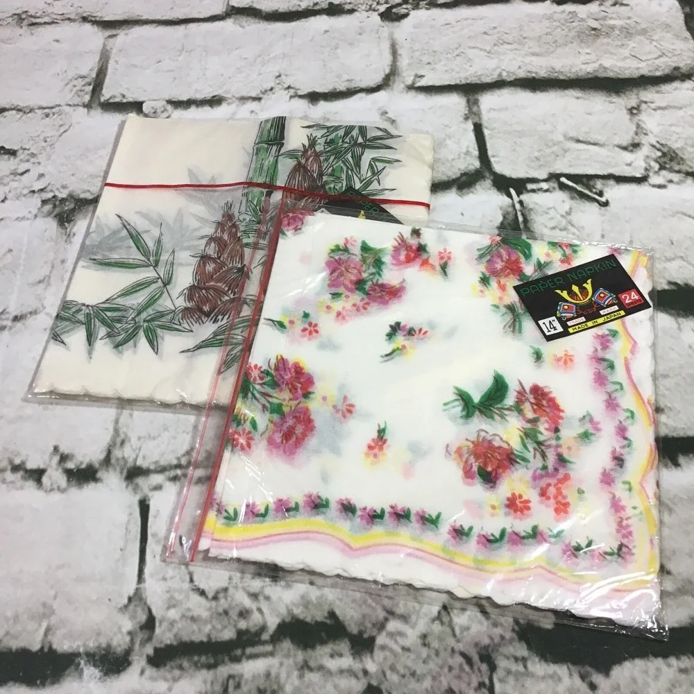 Vintage Decoupage Luncheon Napkins Lot 2Packs Floral Bamboo Print Scalloped